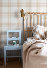 Tartan wallpaper in Ecru in a bedroom