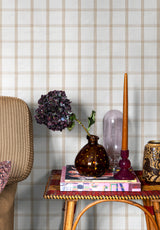 Quadrille wallpaper in Ecru in a bedroom with decorative objects