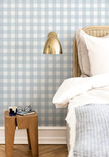 Grand Vichy wallpaper in Ciel in a bedroom