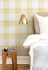 Tartan wallpaper in Jaune in a bedroom