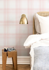 Tartan wallpaper in Rose Bonbon in a bedroom